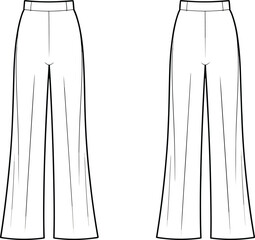 cad drawing flat vector illustration of high waist wide leg pants technical fashion sketch with waistband front and back view
