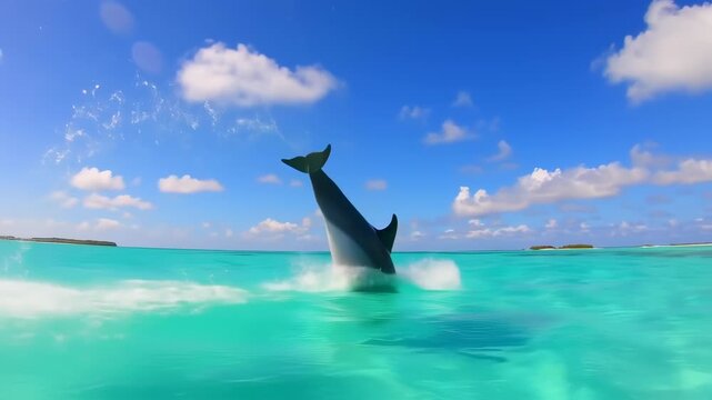 Dolphin leaping from turquoise water into a bright blue sky