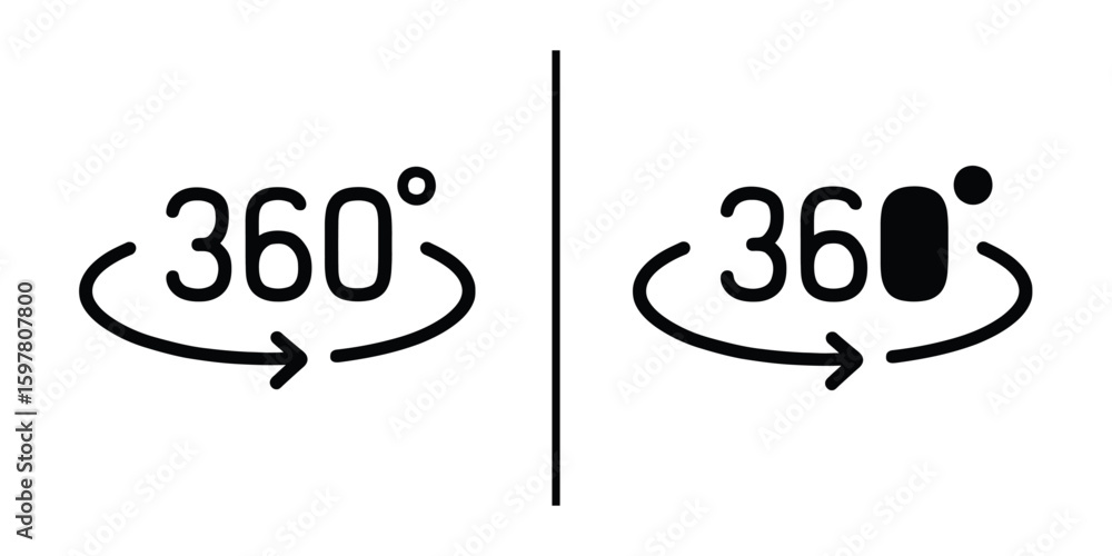 Poster 360 degree view icon set: two elegant, symmetrical icons, each displaying the number 360 with circul