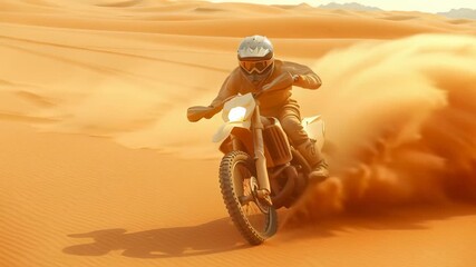 Motorcyclist in protective gear riding dirt bike across sandy desert terrain, generating dramatic dust cloud with headlight illuminated during high-speed motion. - Powered by Adobe