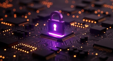Glowing padlock over a computer circuit board representing cyber security
