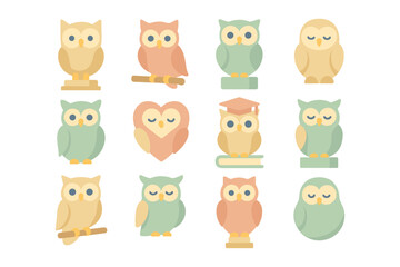 Charming owl character set vector illustration for cute animal designs in flat style