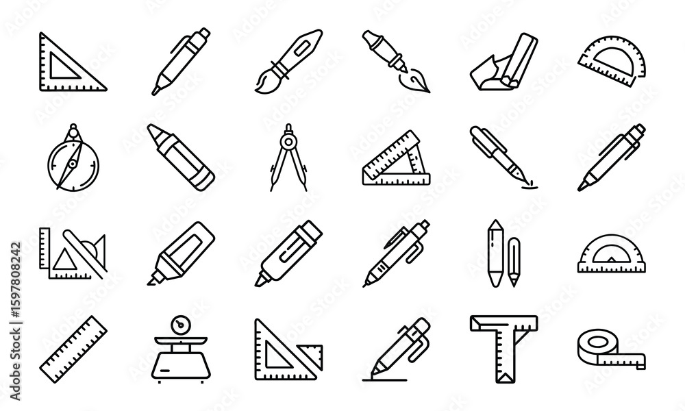 Poster minimalist outlined drawing tools and instruments for architect design and art projects