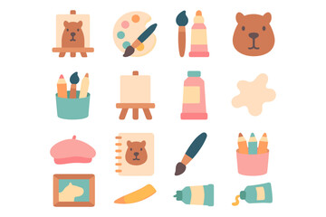 Art supplies and cute bear theme vector illustration for creative design projects in flat style