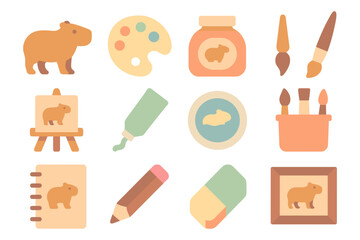 Art supplies and capybara elements vector illustration for creative design projects: flat style