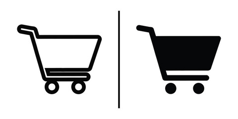 Shopping Cart Icon in Dual Design: A sleek, minimalist shopping cart icon, presented in both outline and solid black styles, representing modern shopping and digital commerce. © Vectorzone