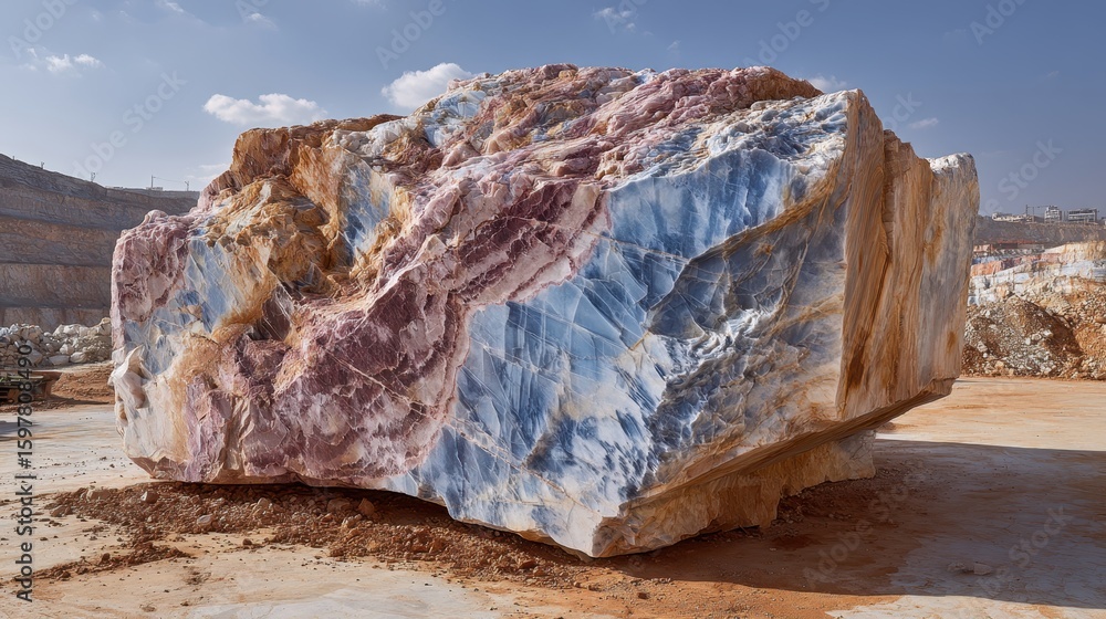 Poster massive multicolored marble block with prominent veins lying in quarry, revealing intricate natural 