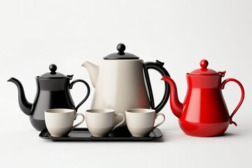 Elegant tea set with a black, beige, and vibrant red teapot alongside three delicate teacups.