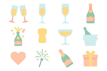 Celebration elements vector illustration: flat style champagne icons for party designs