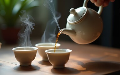 A close-up photograph of a teapot pouring steaming hot tea into three delicate cups, capturing a serene moment of calm and ritual. High quality