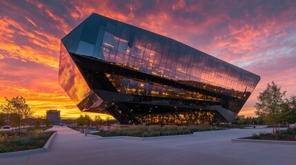 Fototapeta premium Modern glass office building at sunset. Dramatic sky reflects in the building's facade. Urban landscape.