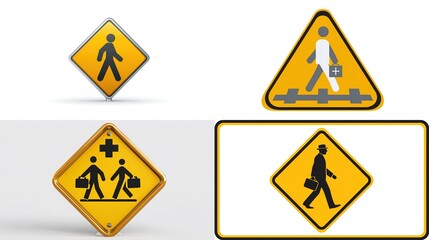 Collection of four distinct pedestrian crossing signs, featuring variations in shape, design, and symbols representing different pedestrian types and situations, 