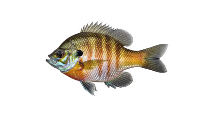 Striking bluegill sunfish exhibits vibrant colors and distinct patterns against a clean white background