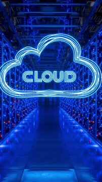 Blue‑lit cloud data center corridor with glowing server racks and floating cloud hologram icon