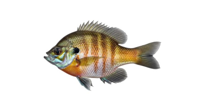 Striking bluegill sunfish exhibits vibrant colors and distinct patterns against a clean white background