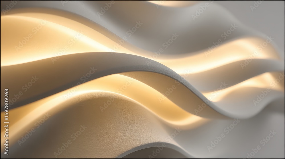 Poster soft golden illumination streaming across undulating white surface, generating minimalist architectu