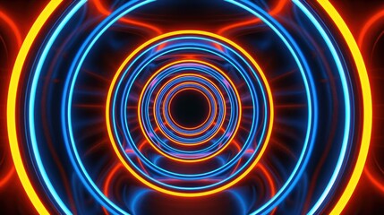 Fototapeta premium Concentric circles glow neon blue and orange, creating a hypnotic tunnel effect