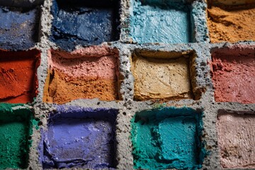 Multiple spots of thick, colorful acrylic paint on a rough concrete surface, arranged in a grid.