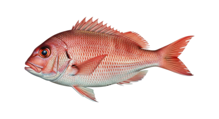 Striking red snapper shows vibrant scale patterns and detailed fins against a transparent background