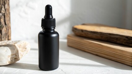 A dark dropper bottle on a textured surface with natural elements in the background.