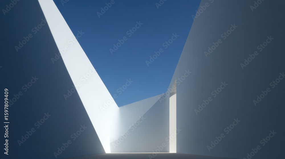 Aufkleber sunlight is illuminating the interior of a minimalist white architectural space with sharp geometric