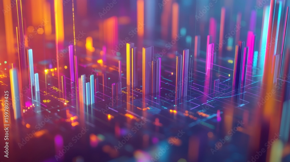Poster abstract vibrant digital landscape with glowing colorful lines and structures.