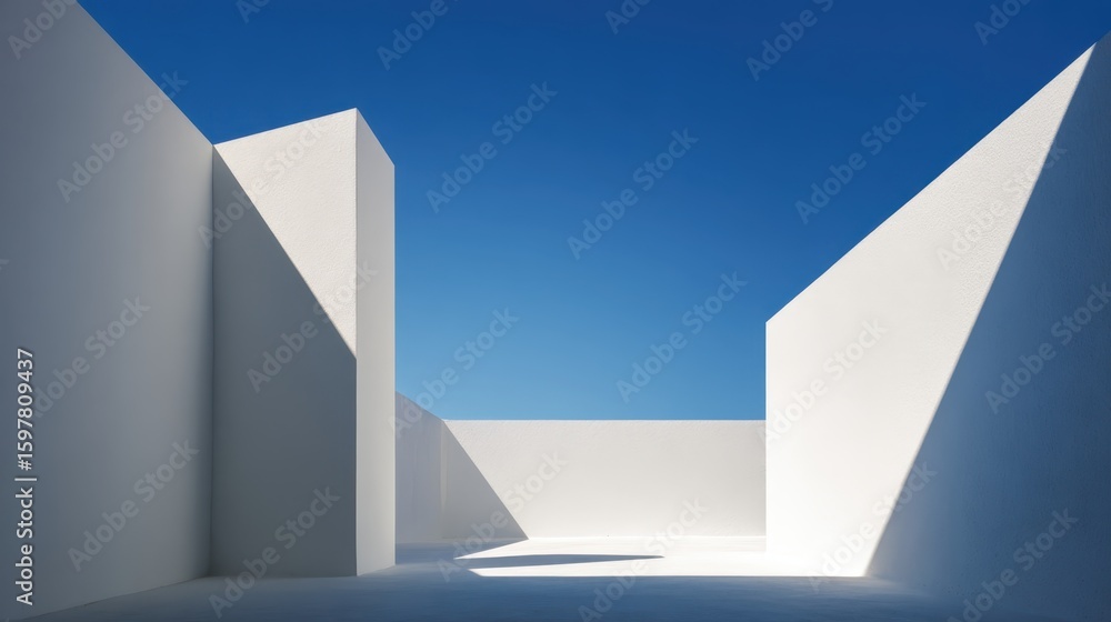 Aufkleber harsh sunlight casting stark shadows across minimalist white architecture, generating geometric patt