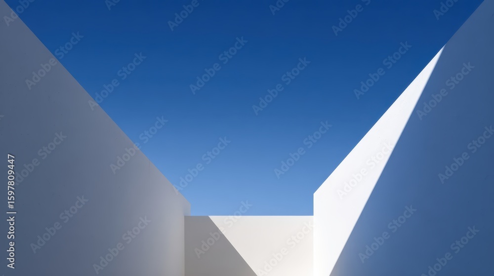 Poster white architectural walls forming geometric pattern against vivid blue sky, casting crisp shadows hi