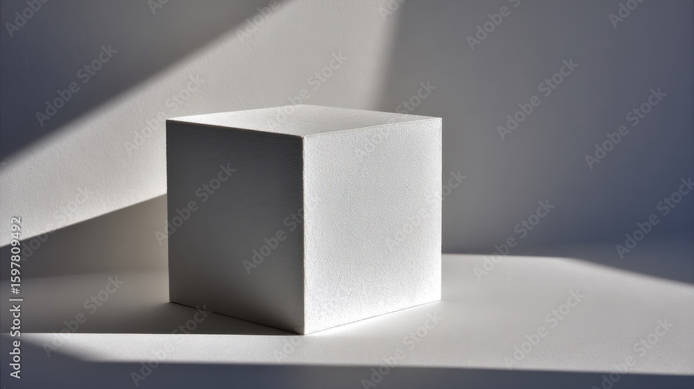 Poster bright light projecting sharp shadows across pristine white geometric cube resting on minimalist bac