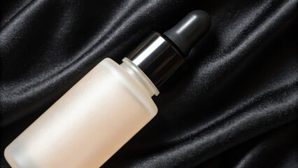 Serum bottle on a dark fabric background, emphasizing luxury and skincare.