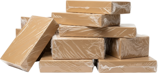 Stack of wrapped cardboard boxes with plastic film isolate package packaging
