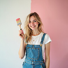 Blond girl having fun painting a room in pink.