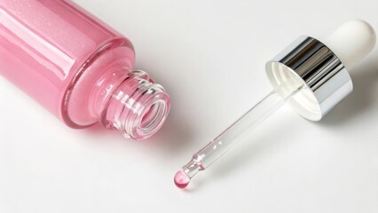 Pink dropper bottle with serum and pipette on a clean surface.