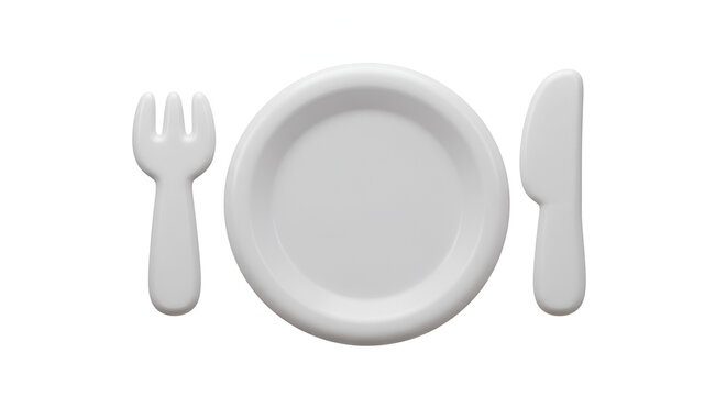 Elegant minimalistic 3D rendering of empty white plate with fork and knife