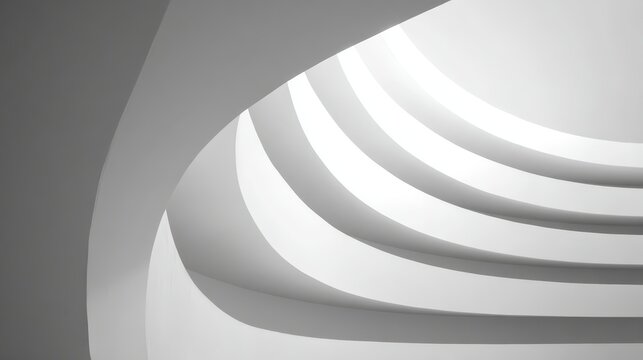 Sleek white architectural interior featuring fluid curved forms generating minimalist geometric pattern with contemporary futuristic design aesthetics