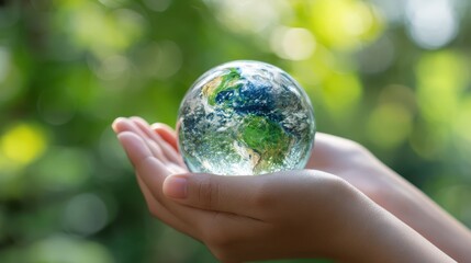 Caring hands holding fragile crystal globe, representing global conservation efforts, nestled amid verdant foliage and soft natural lighting