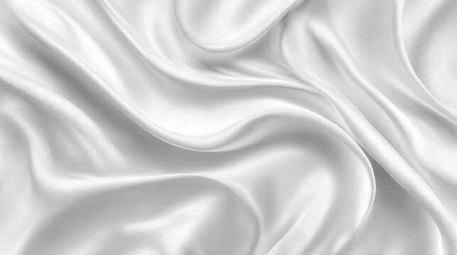Luxurious white silk fabric draping softly, creating elegant smooth surface with delicate sheen, highlighting refined wedding or event decorative background