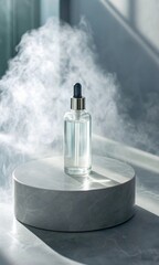A glass dropper bottle on a marble base surrounded by soft misty light.