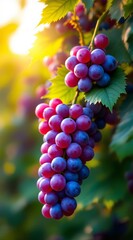 Sunlight illuminates a cluster of ripe purple grapes hanging from a vine, promising a sweet and juicy treat