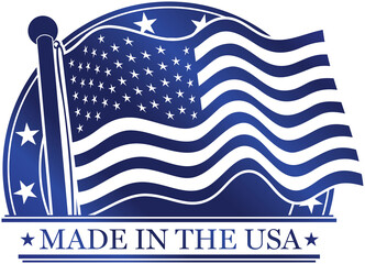 Made in the USA icon with the American flag waving in the wind in blue metallic color. USA flag sticker