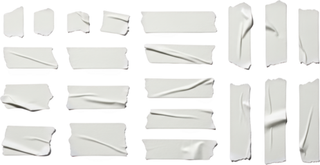 Collection of white adhesive tape strips with textured surfaces and crumpled edges isolate