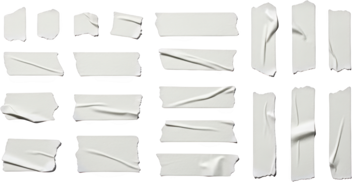 Collection of white adhesive tape strips with textured surfaces and crumpled edges isolate