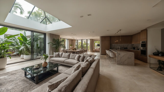 Luxurious modern open plan living space with expansive windows and a skylight featuring a sectional sofa and dining area