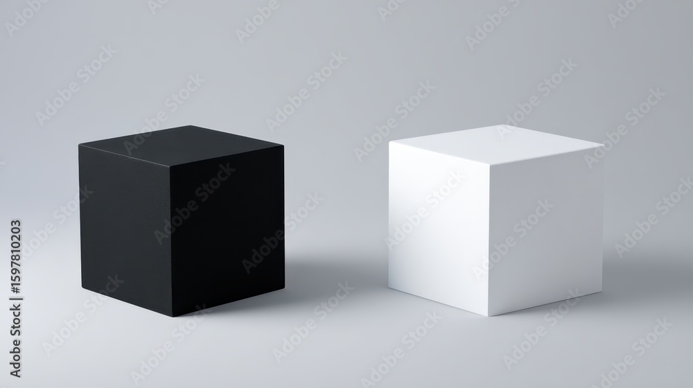 Poster geometric black and white cubes creating stark visual contrast on neutral gray surface, symbolizing 