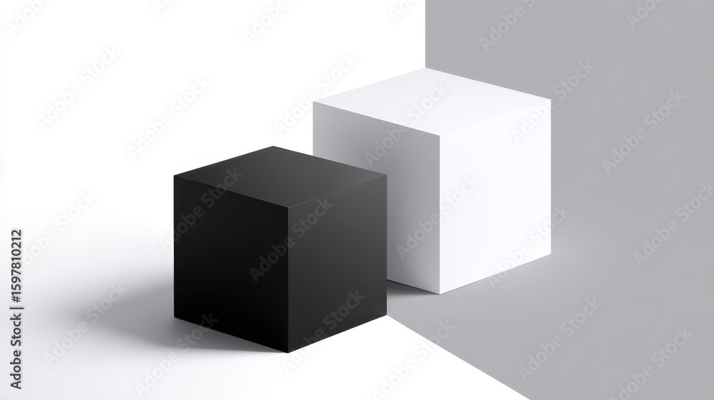 Poster stark geometric composition highlighting black and white cubes resting on contrasting background. ex