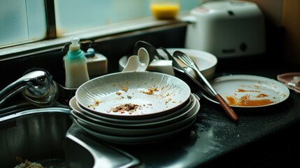 Overlooking messy kitchen sink brimming with dirty dishes, utensils, and scattered food remnants following substantial dinner preparation