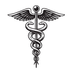 Caduceus symbol in black and white illustrating medicine healthcare healing and pharmacy
