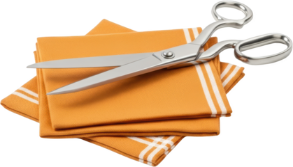 Metal scissors resting on folded orange fabric napkins with white stripes isolated transparent background