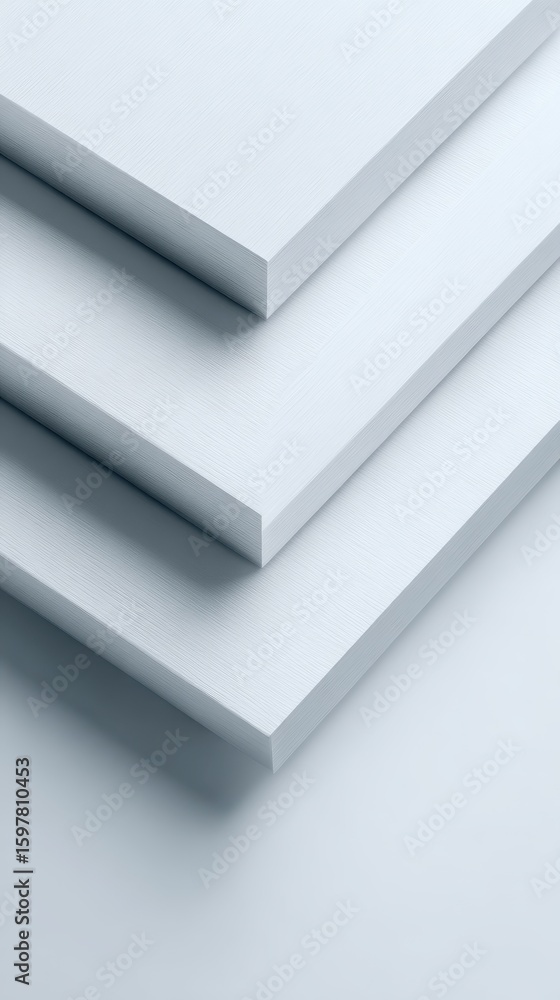 Poster pristine white cards stacked neatly, casting delicate shadows and revealing subtle paper texture in 