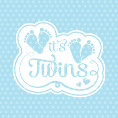 It's twin boys icon. Baby boy announcement. baby feet with hearts celebrating the birth of a twin sons for greeting card
